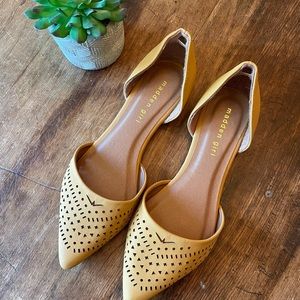 {Madden Girl} “Ellm” Mustard Colored Laser Cutout Pattern Flats